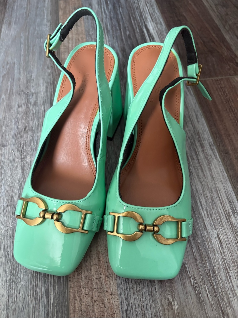 ASOS Mint Green Patent Slingback Block Heels with Gold Hardware